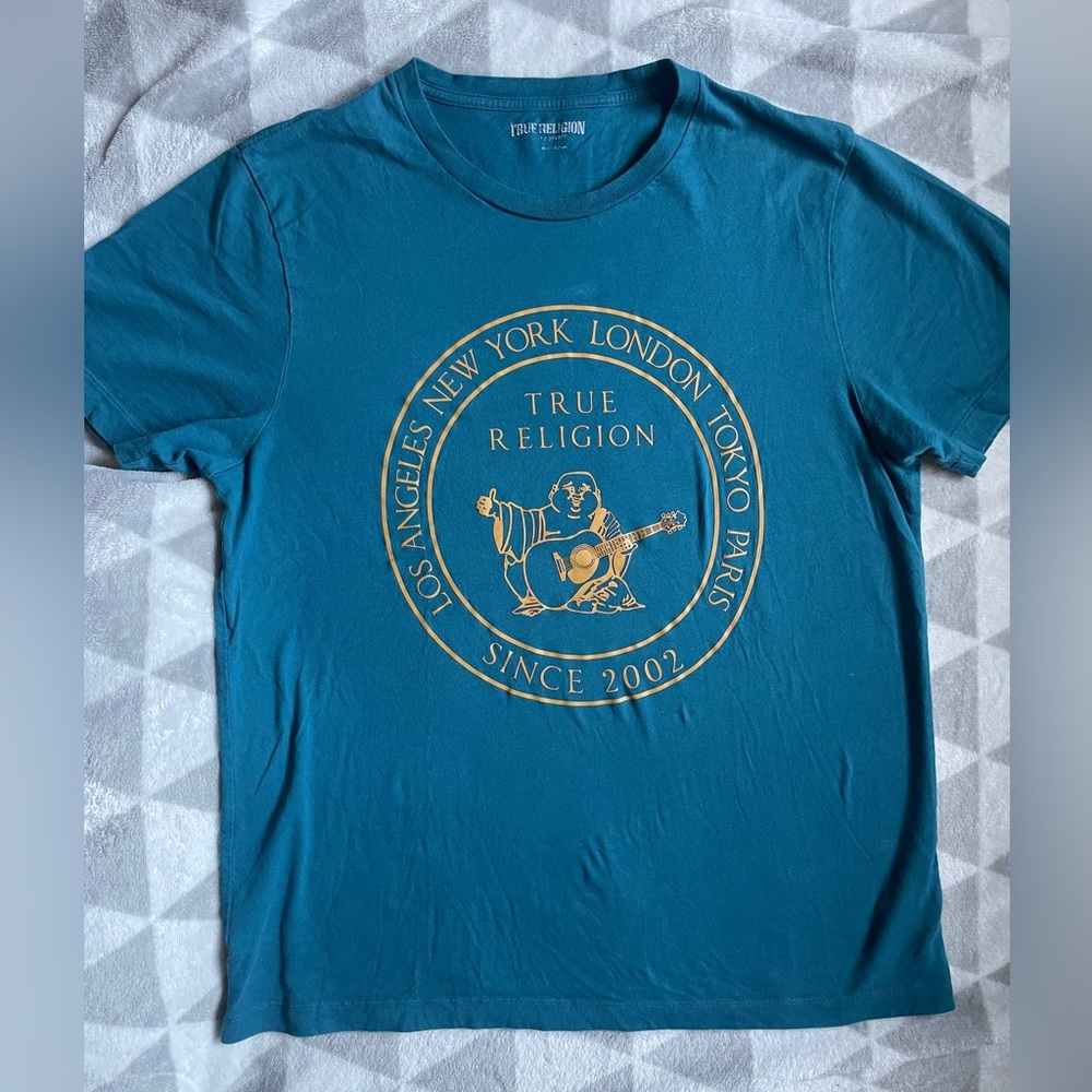 True Religion Teal Tee with Gold Graphic